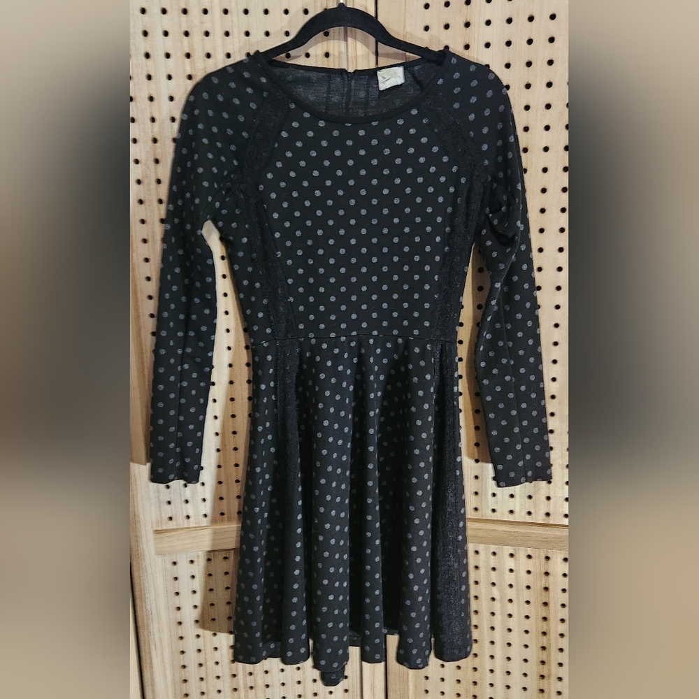 Anthropologie Weston Wear Sz Small Black Lace Polka Dot Long Sleeve A-Line Dress